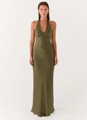 Heavy Hearted Satin Maxi Dress - Khaki
