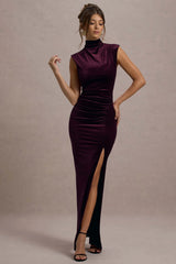 abilene | port velvet high-neck split maxi dress