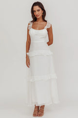 Moonlit Moment Ruffle Trim Lace-Up Back Maxi Dress White