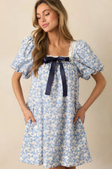 Frolic Through Fields Cotton Blue Floral Mini Dress