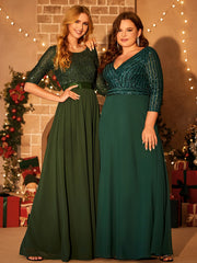 Sexy V Neck A-Line Sequin Wholesale Evening Dresses With 3/4 Sleeve