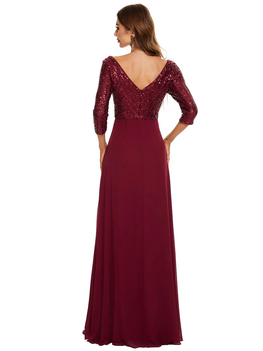 Sexy V Neck A-Line Sequin Wholesale Evening Dresses With 3/4 Sleeve