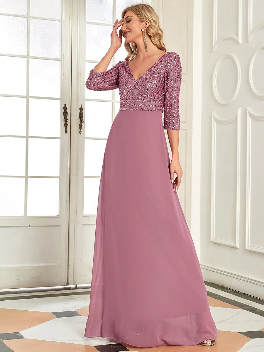 Sexy V Neck A-Line Sequin Wholesale Evening Dresses With 3/4 Sleeve