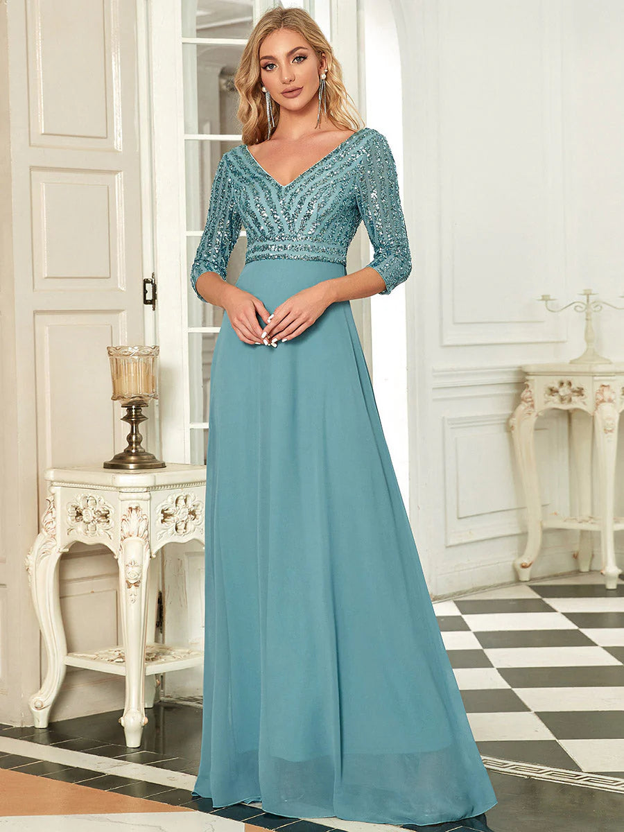 Sexy V Neck A-Line Sequin Wholesale Evening Dresses With 3/4 Sleeve