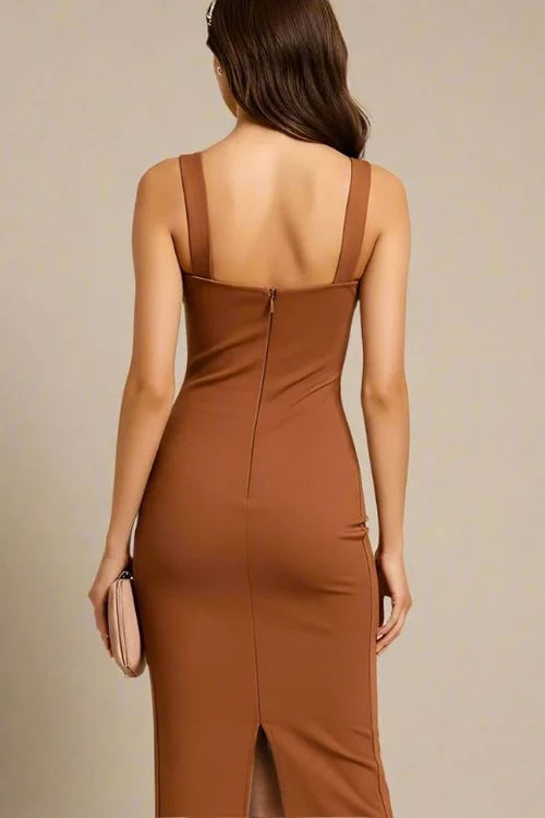 Marilyn Bodycon Wrap Midi Dress - Rustic Brown