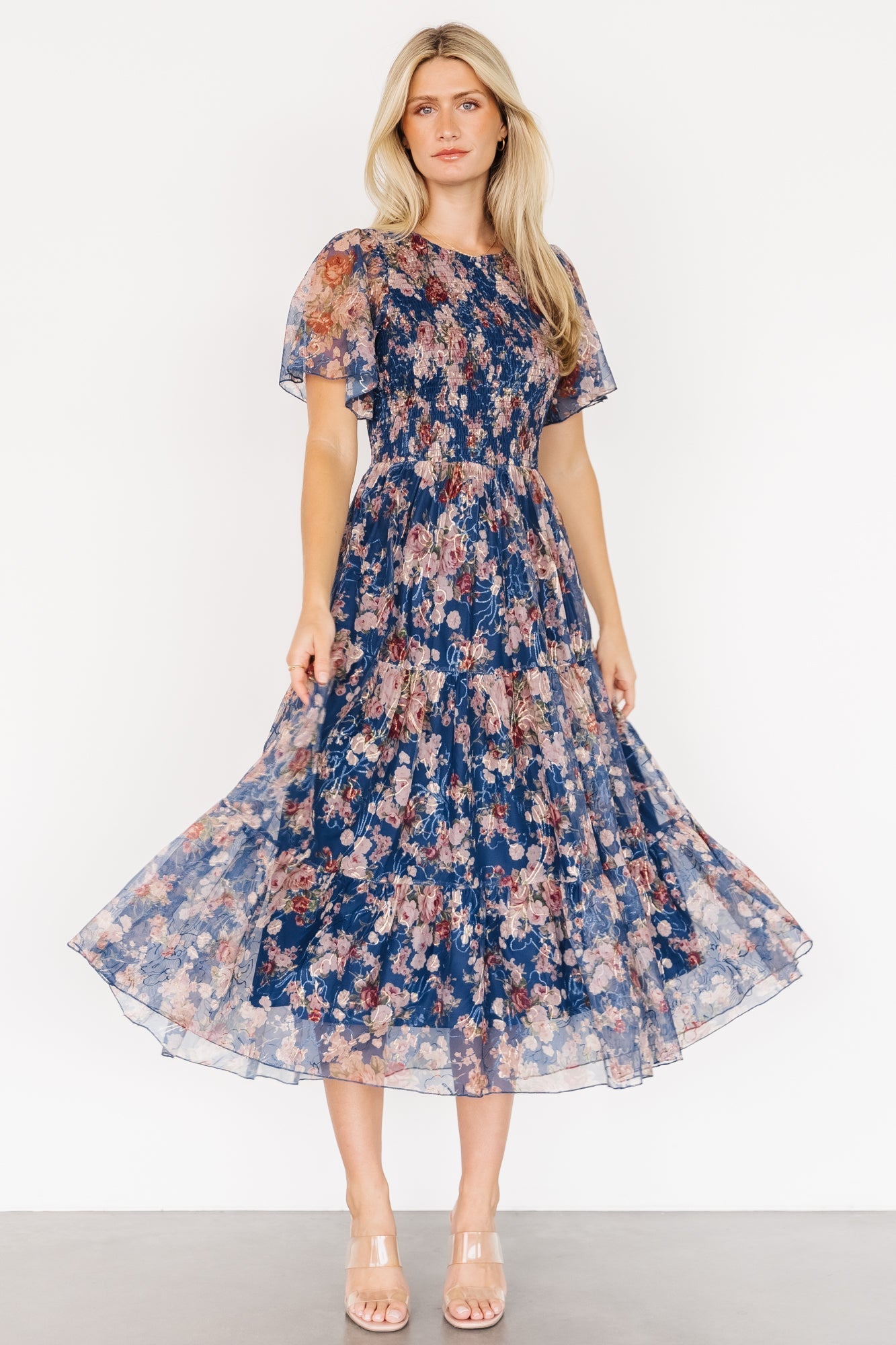 mara embroidered tulle dress | dark blue multi floral
