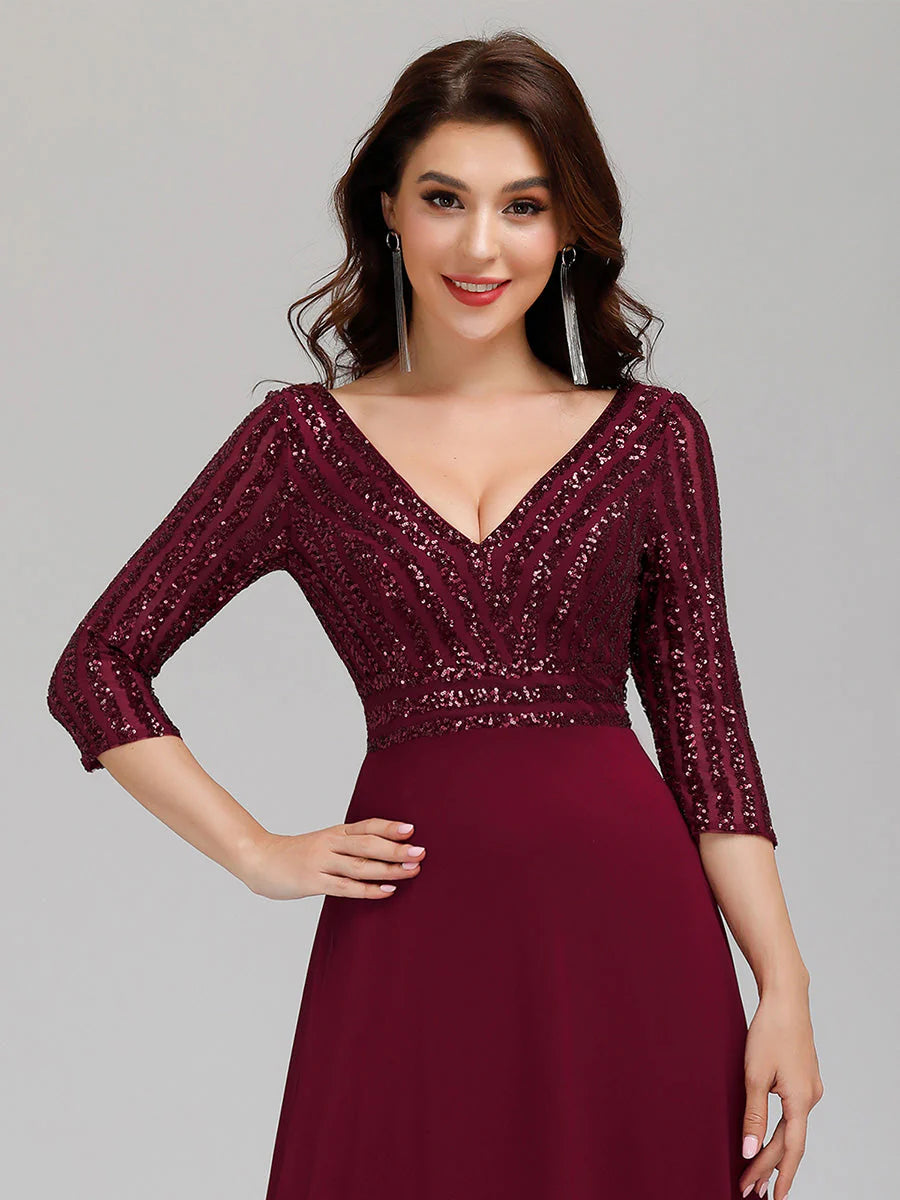 Sexy V Neck A-Line Sequin Wholesale Evening Dresses With 3/4 Sleeve