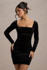 muse | black velvet long sleeve square neck ruched mini dress