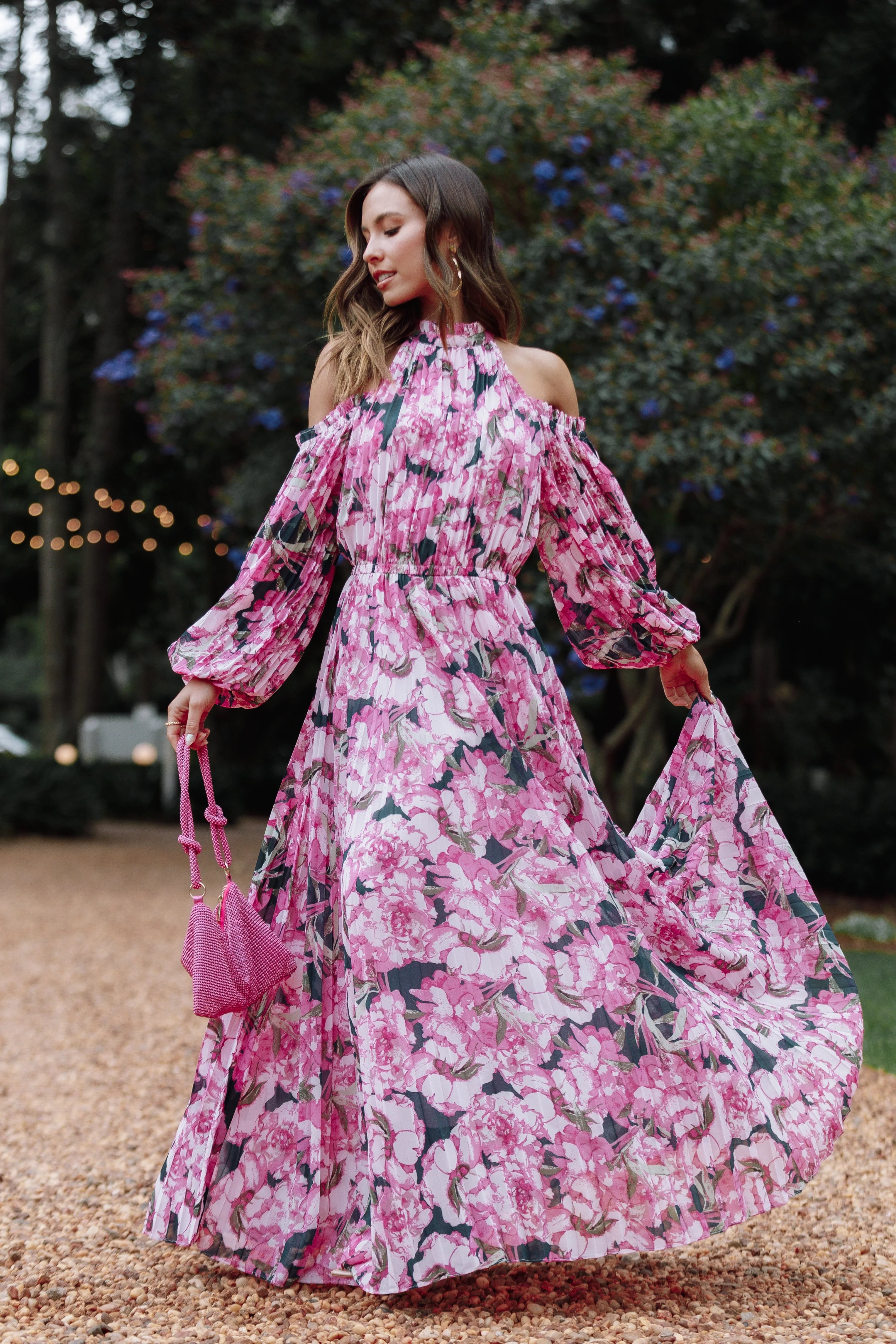 hilary pleated maxi dress - pink floral