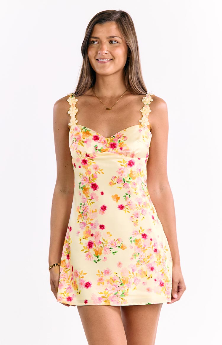 marbelle yellow bloom satin mini dress