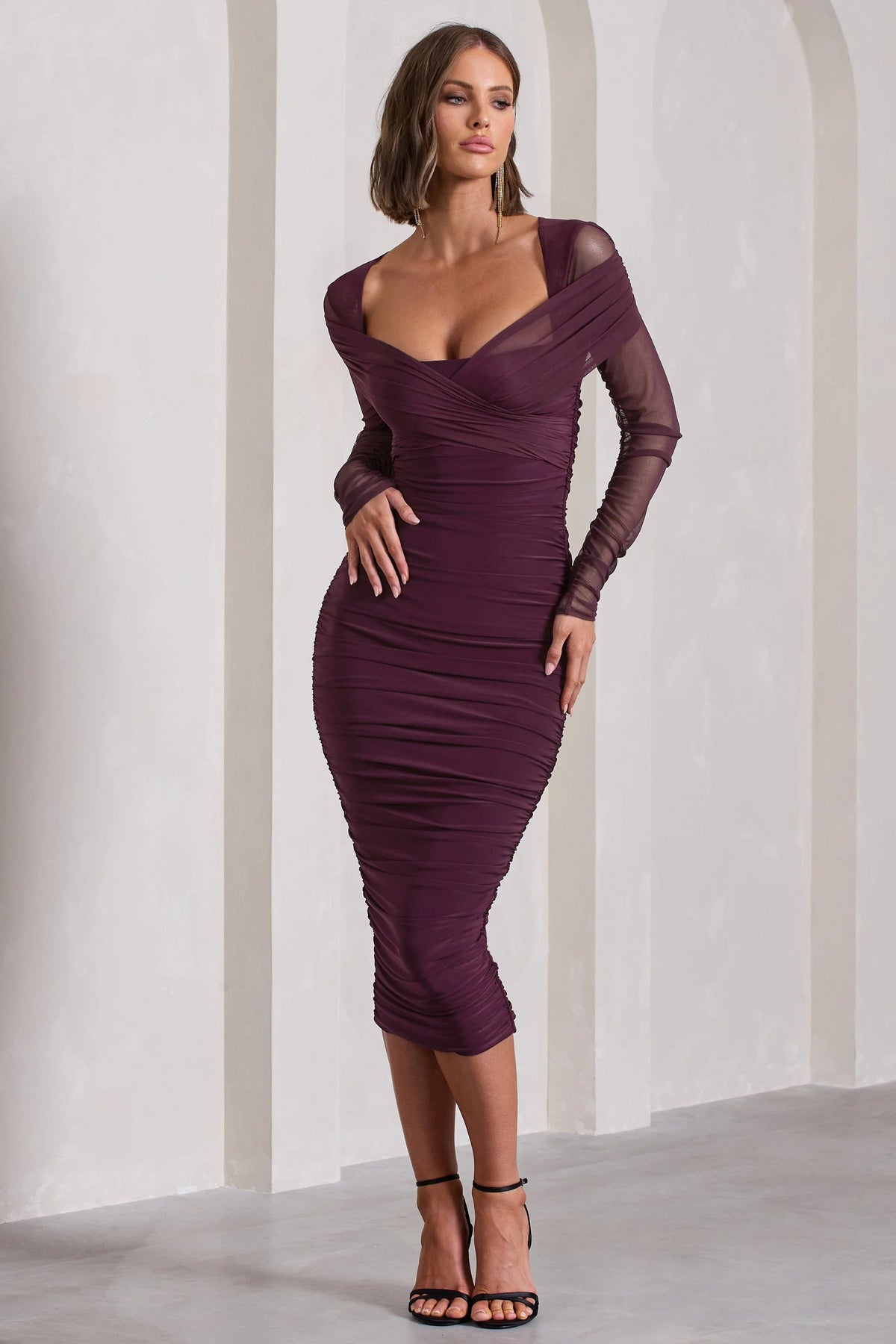between the lines | plum ruched mesh long-sleeved bodycon midi dress
