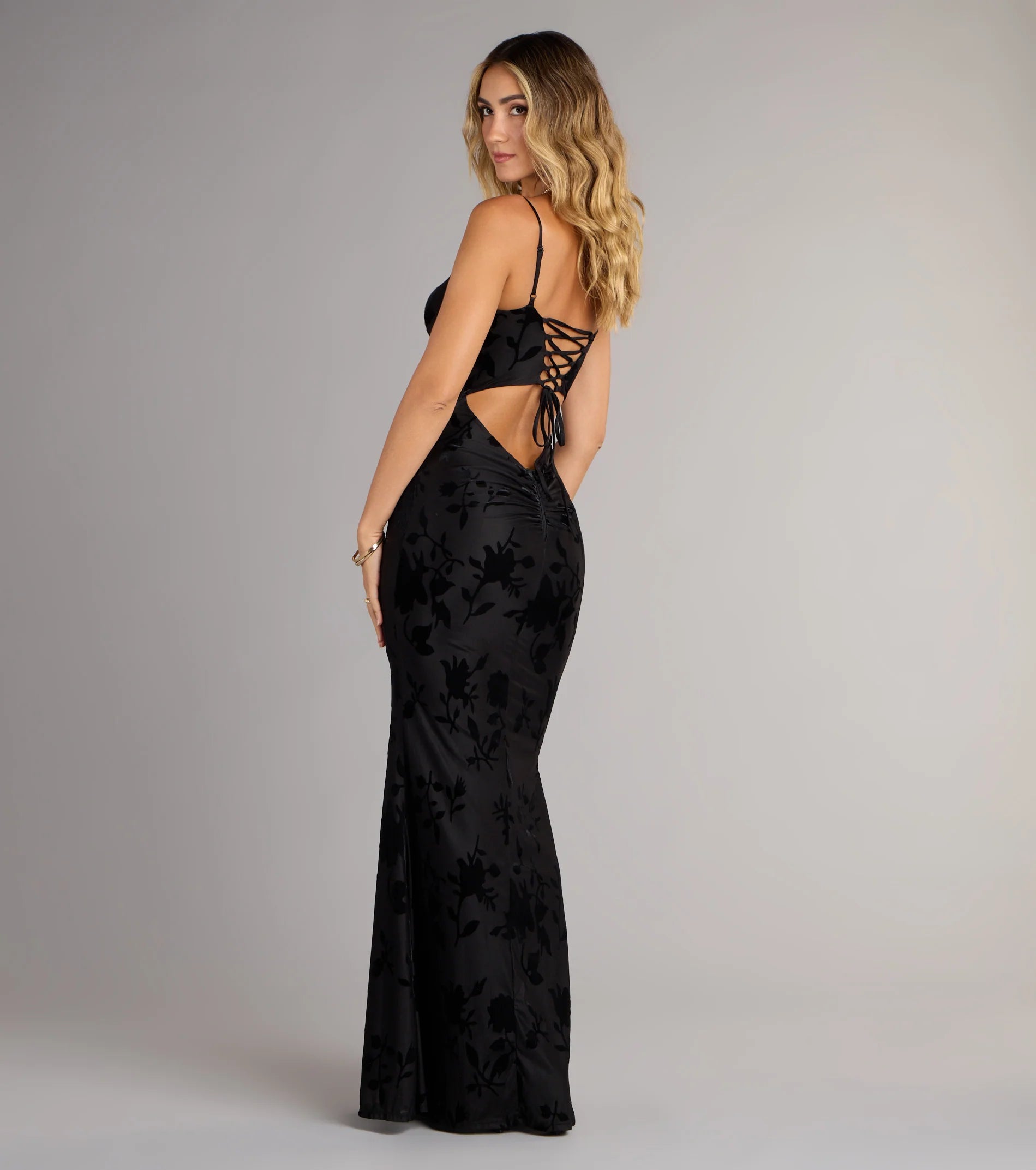 helena floral velvet burnout mermaid dress
