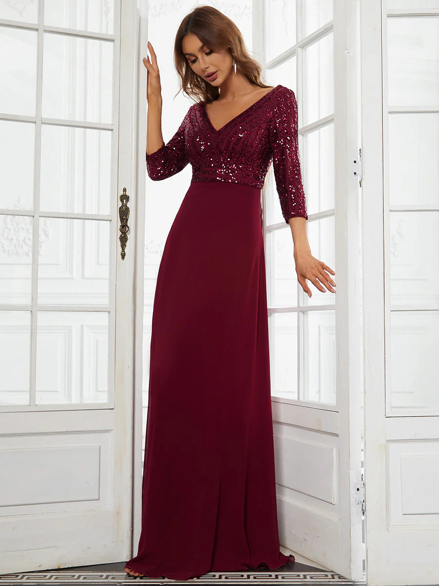 Sexy V Neck A-Line Sequin Wholesale Evening Dresses With 3/4 Sleeve