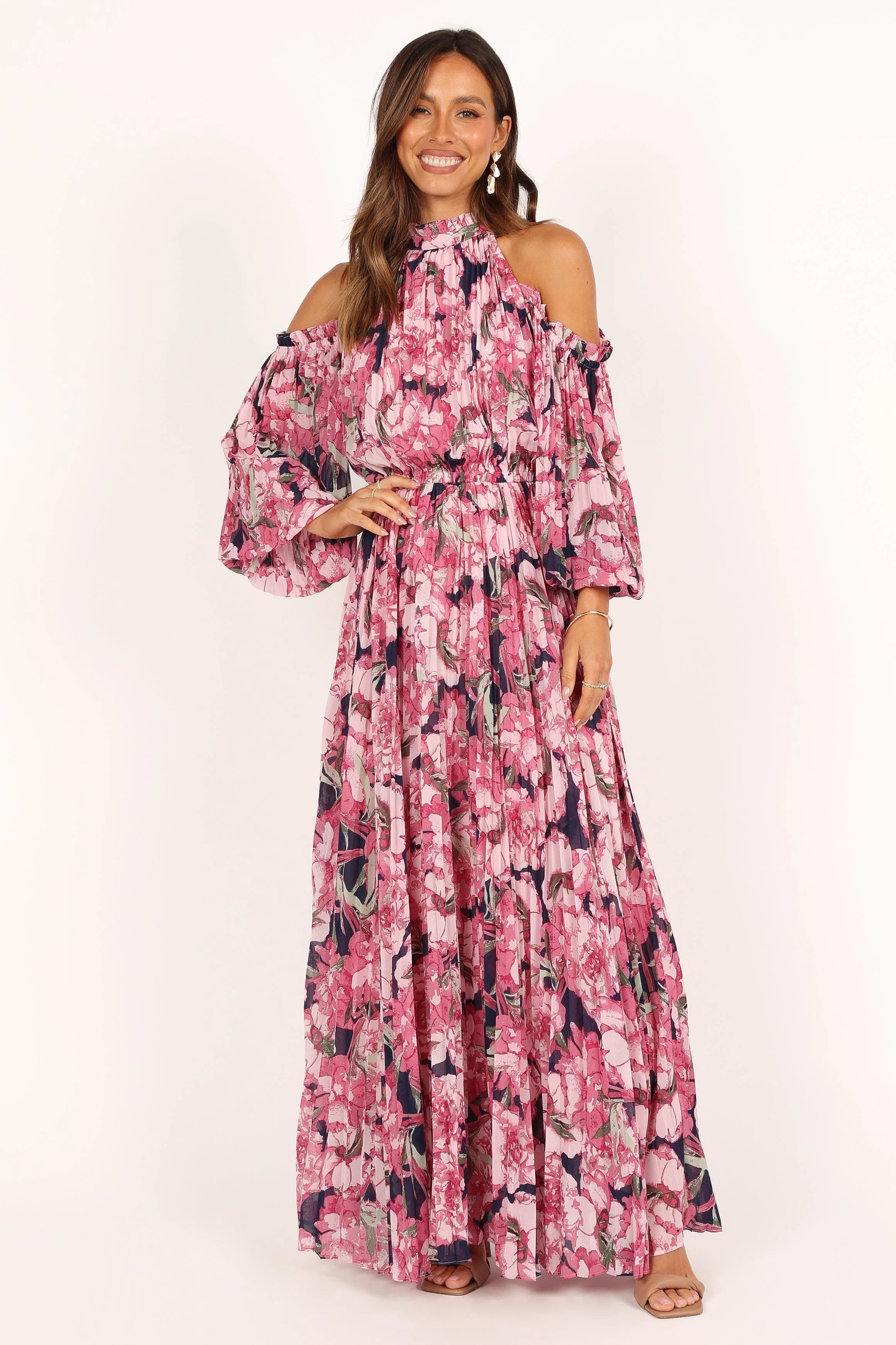 hilary pleated maxi dress - pink floral