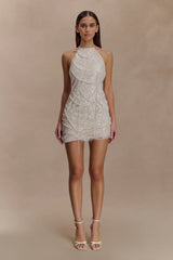 Adora Pearl Halter Mini Dress - White