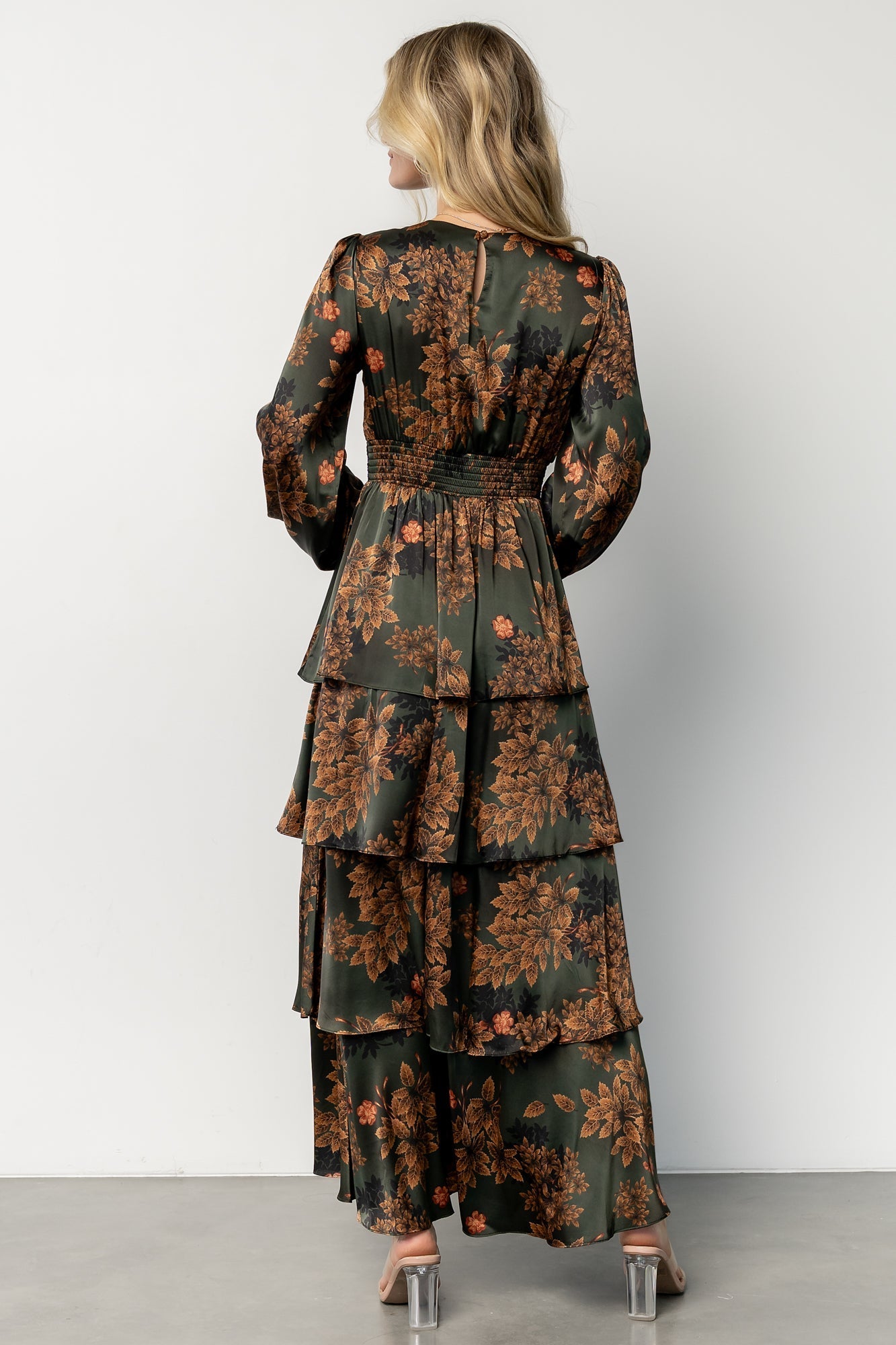 montrouge tiered satin dress | olive floral