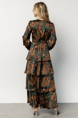montrouge tiered satin dress | olive floral