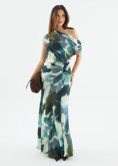 Flirtini One Shoulder Maxi Dress - Forest Abstract