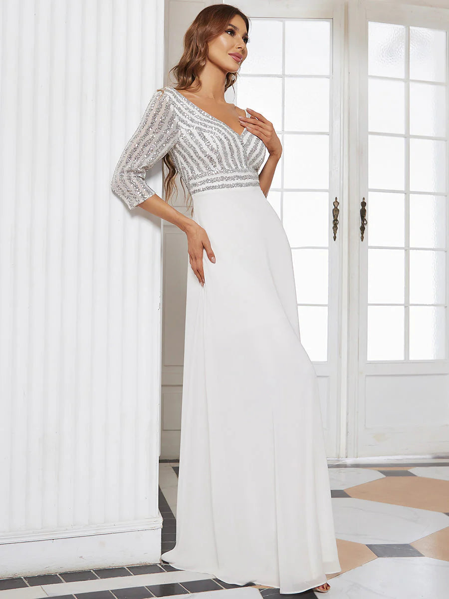 Sexy V Neck A-Line Sequin Wholesale Evening Dresses With 3/4 Sleeve