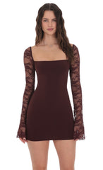 Lace Long Sleeve Bodycon Dress in Brown