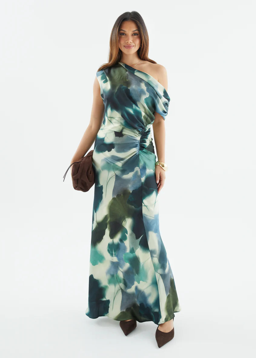 Flirtini One Shoulder Maxi Dress - Forest Abstract