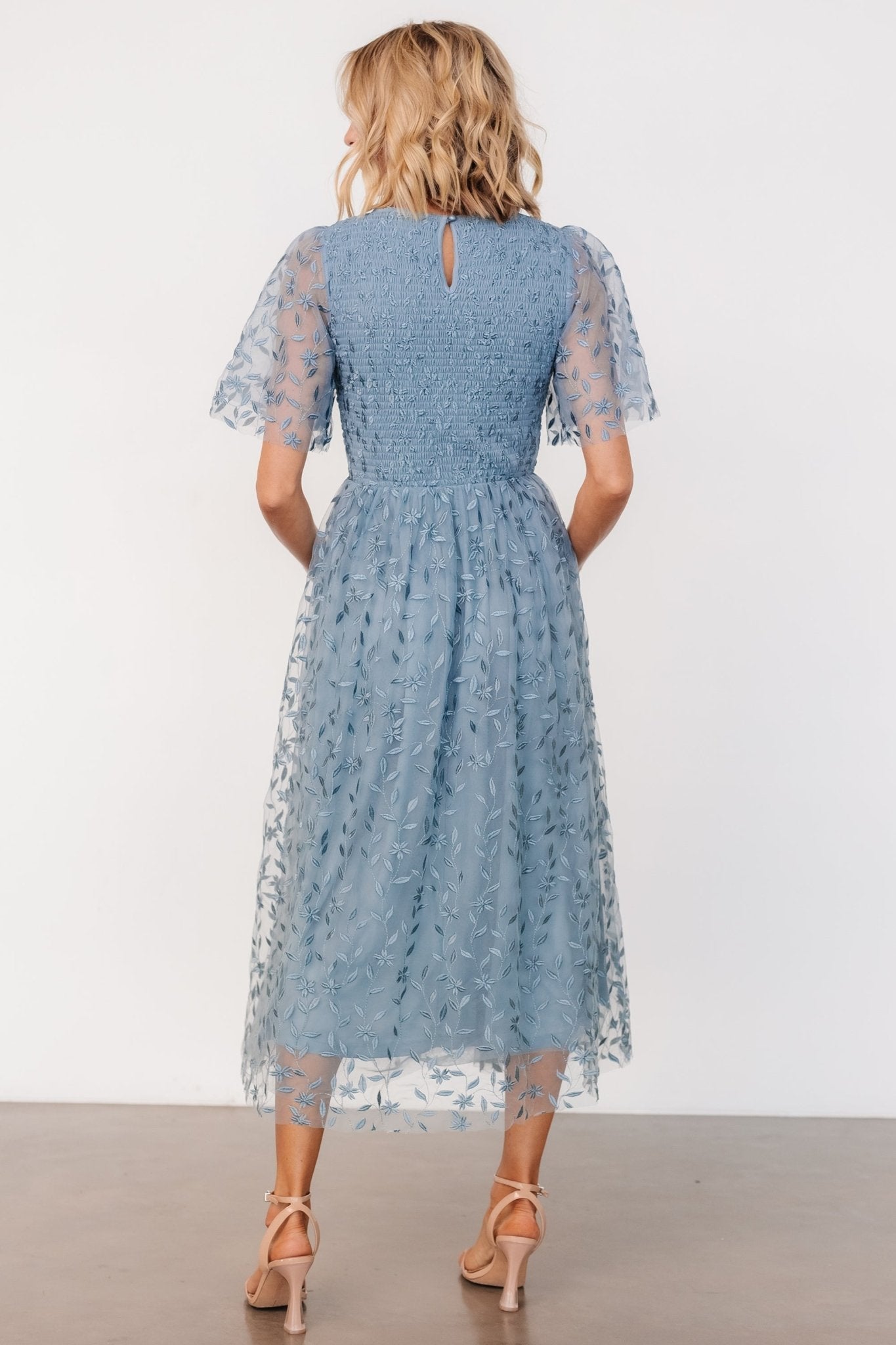 kendra embroidered dress | dusty blue