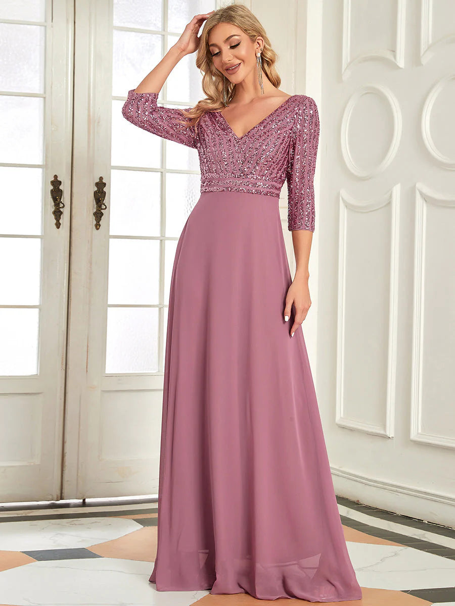 Sexy V Neck A-Line Sequin Wholesale Evening Dresses With 3/4 Sleeve