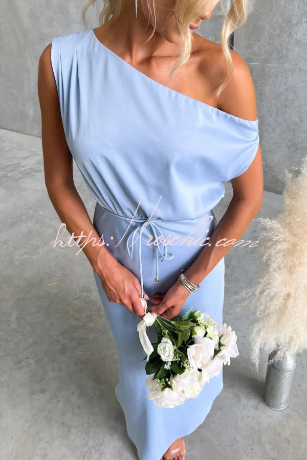 Solid Color One-shoulder Sleeveless Belted Casual Maxi Dress
