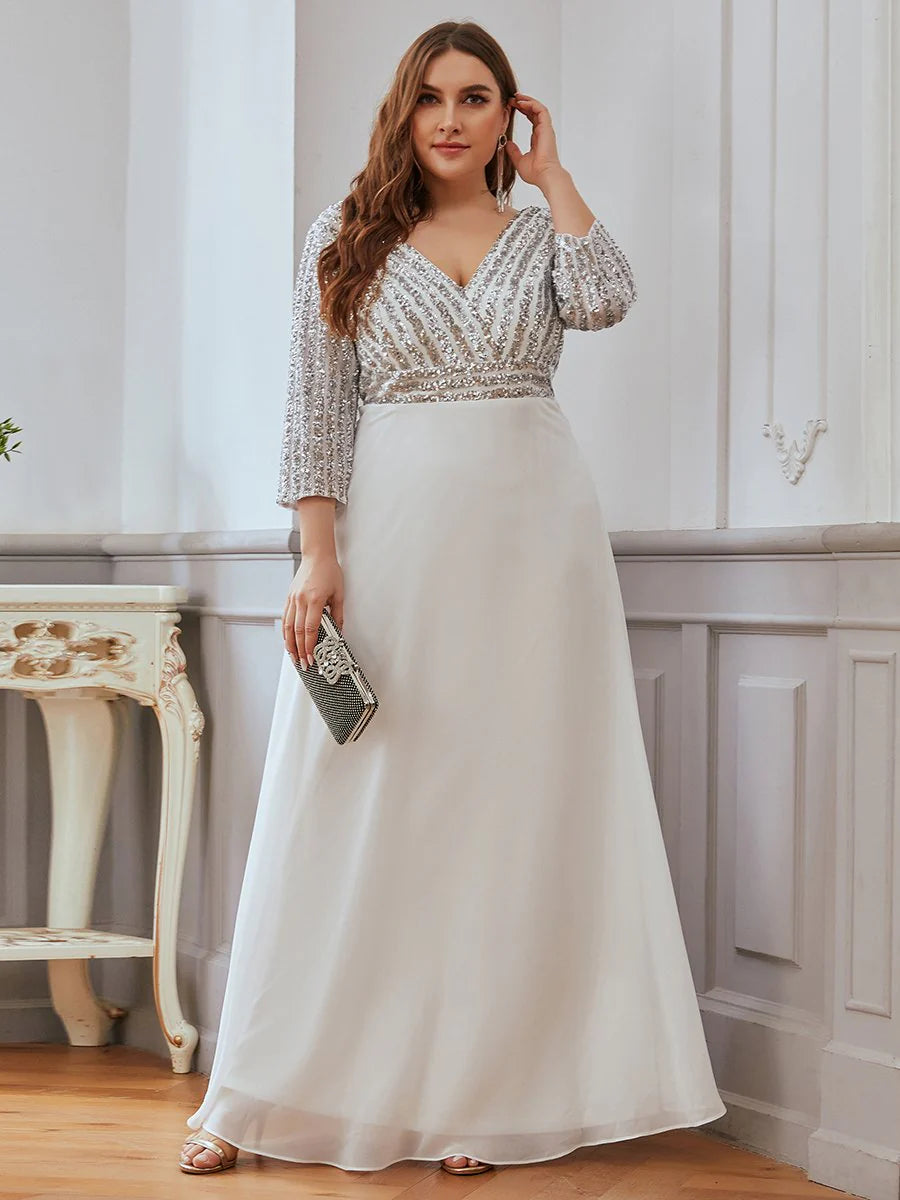 Sexy V Neck A-Line Sequin Wholesale Evening Dresses With 3/4 Sleeve