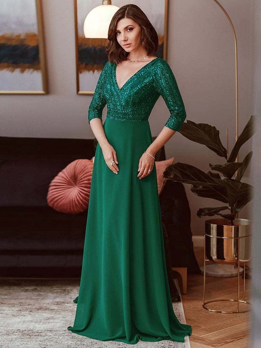 Sexy V Neck A-Line Sequin Wholesale Evening Dresses With 3/4 Sleeve