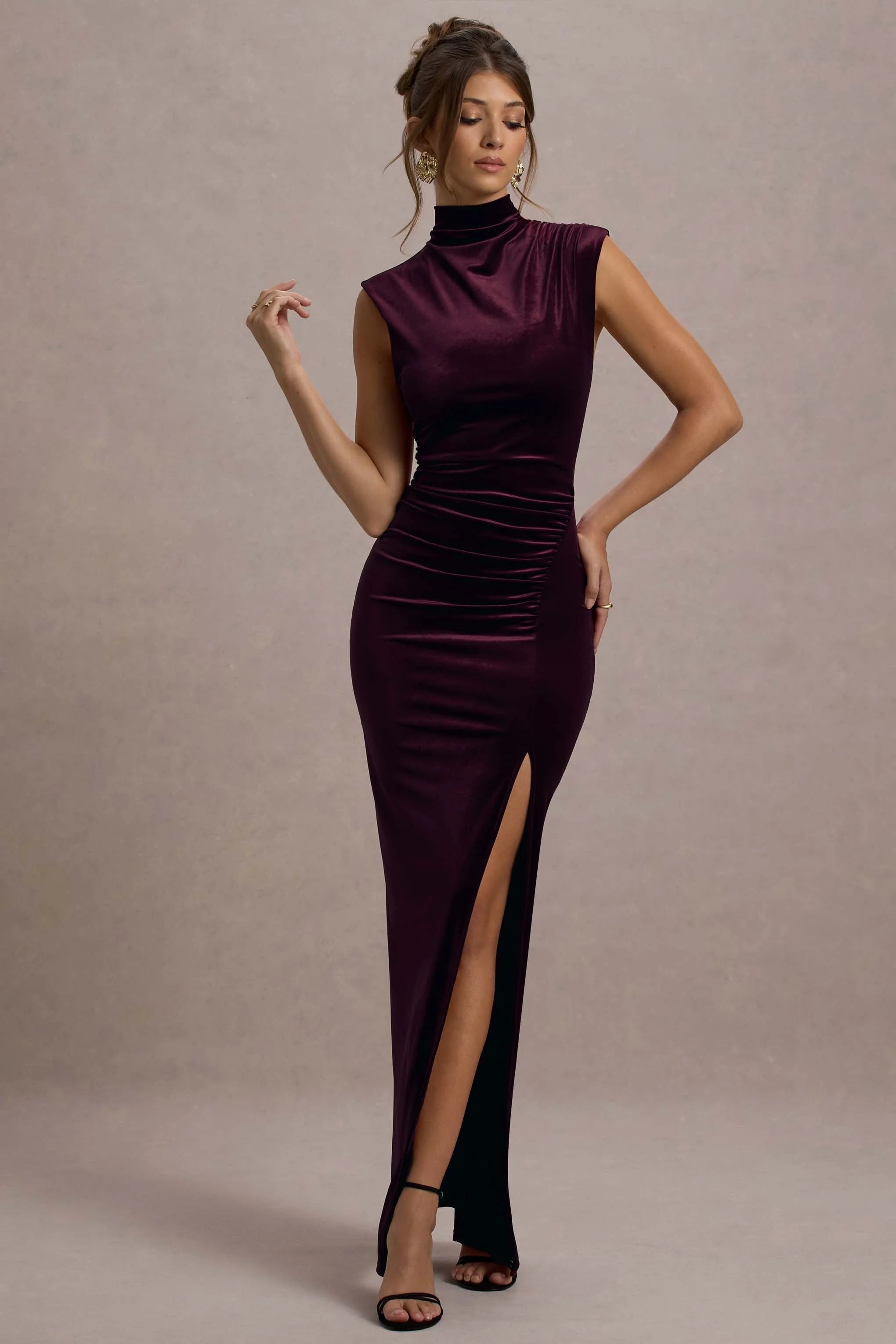 abilene | port velvet high-neck split maxi dress