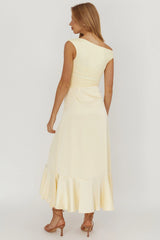 Moonlit Magic Asymmetric Neckline Satin Ruffle Dress Butter
