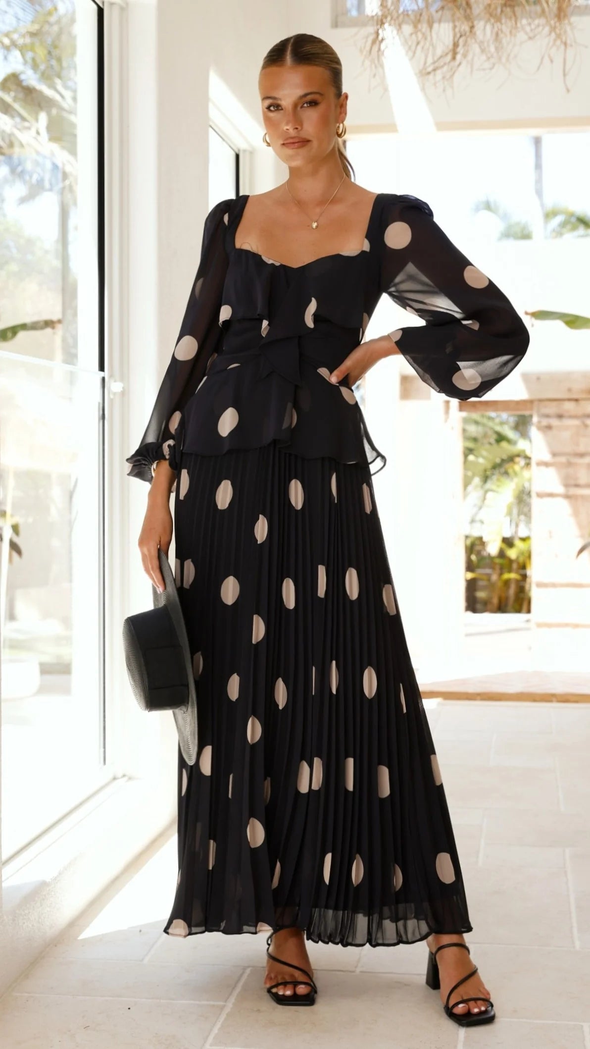 Calandra Long Sleeve Midi Dress - Black/Cream Polka