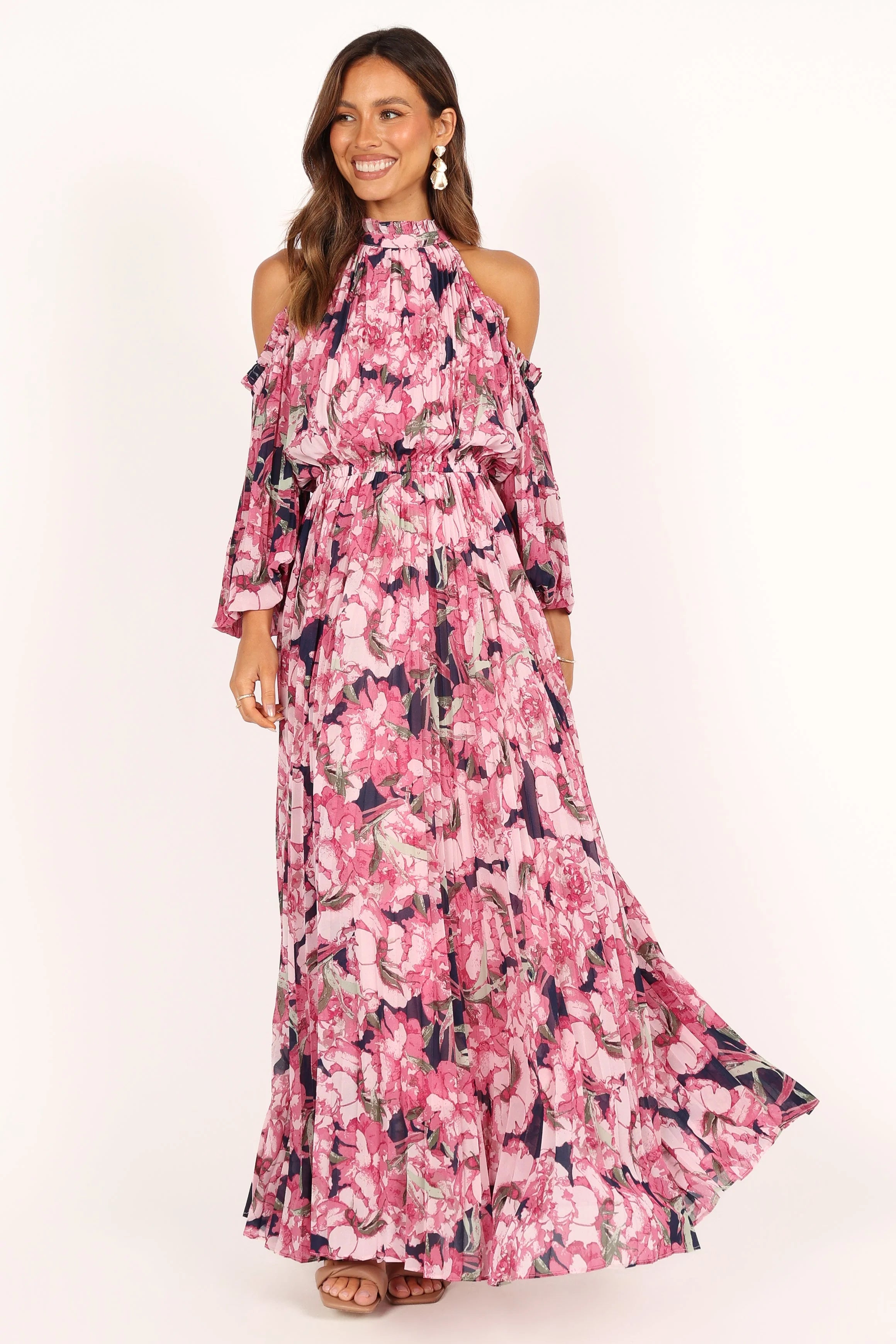 hilary pleated maxi dress - pink floral