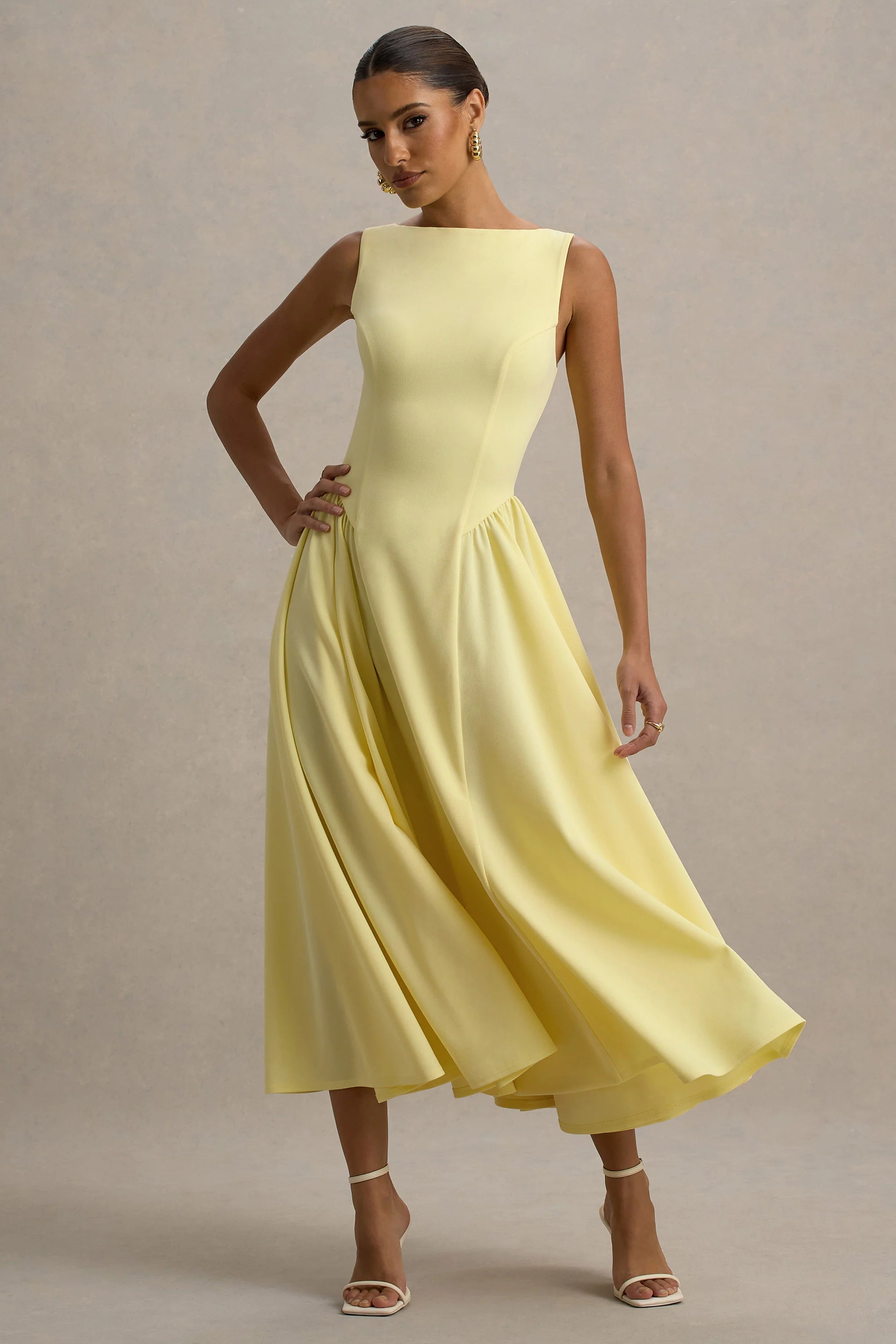 muriel | lemon boat-neck volume-hem midi dress