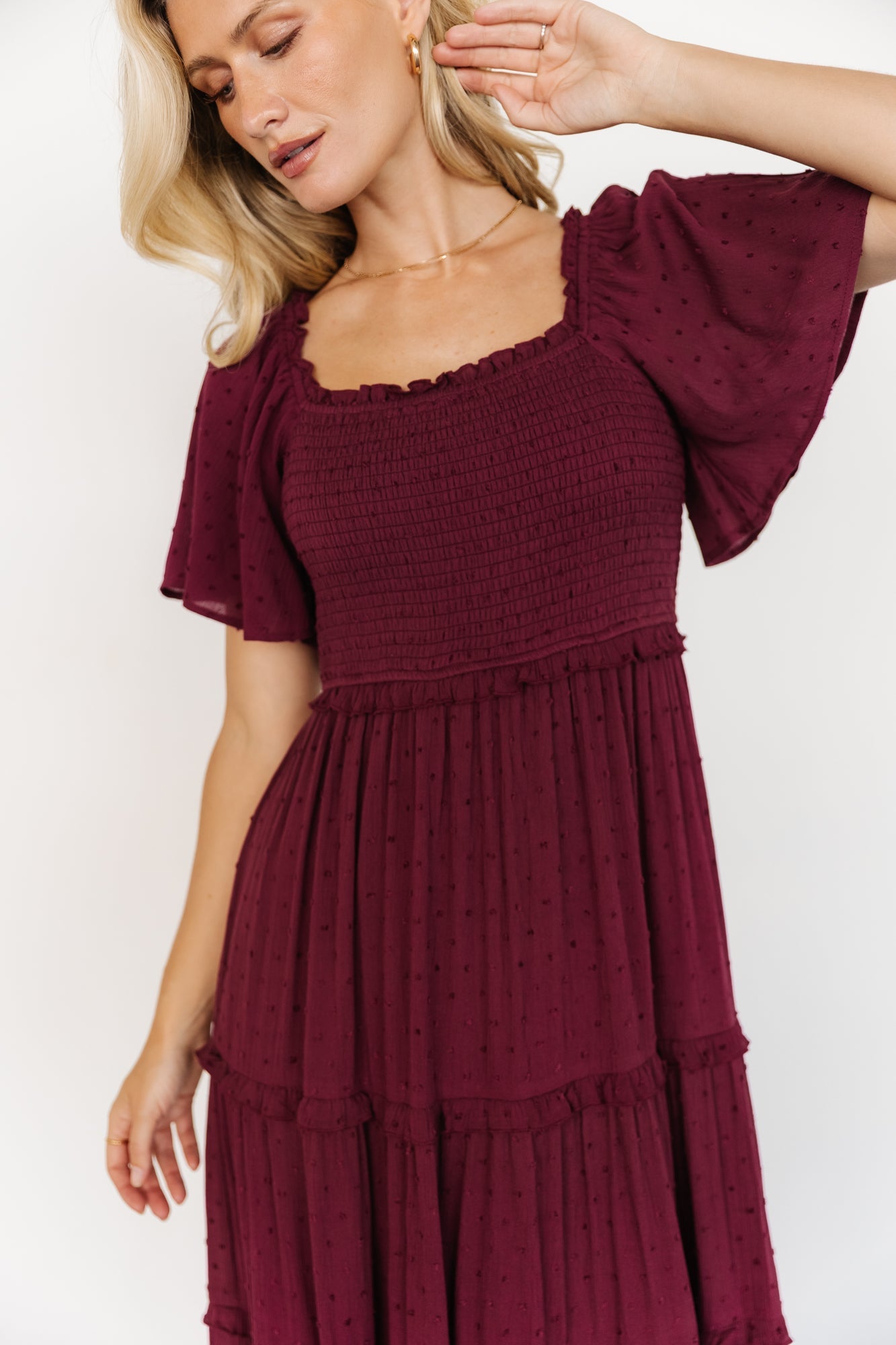 lenora smocked dotted maxi dress | wine