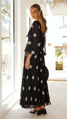 Calandra Long Sleeve Midi Dress - Black/Cream Polka