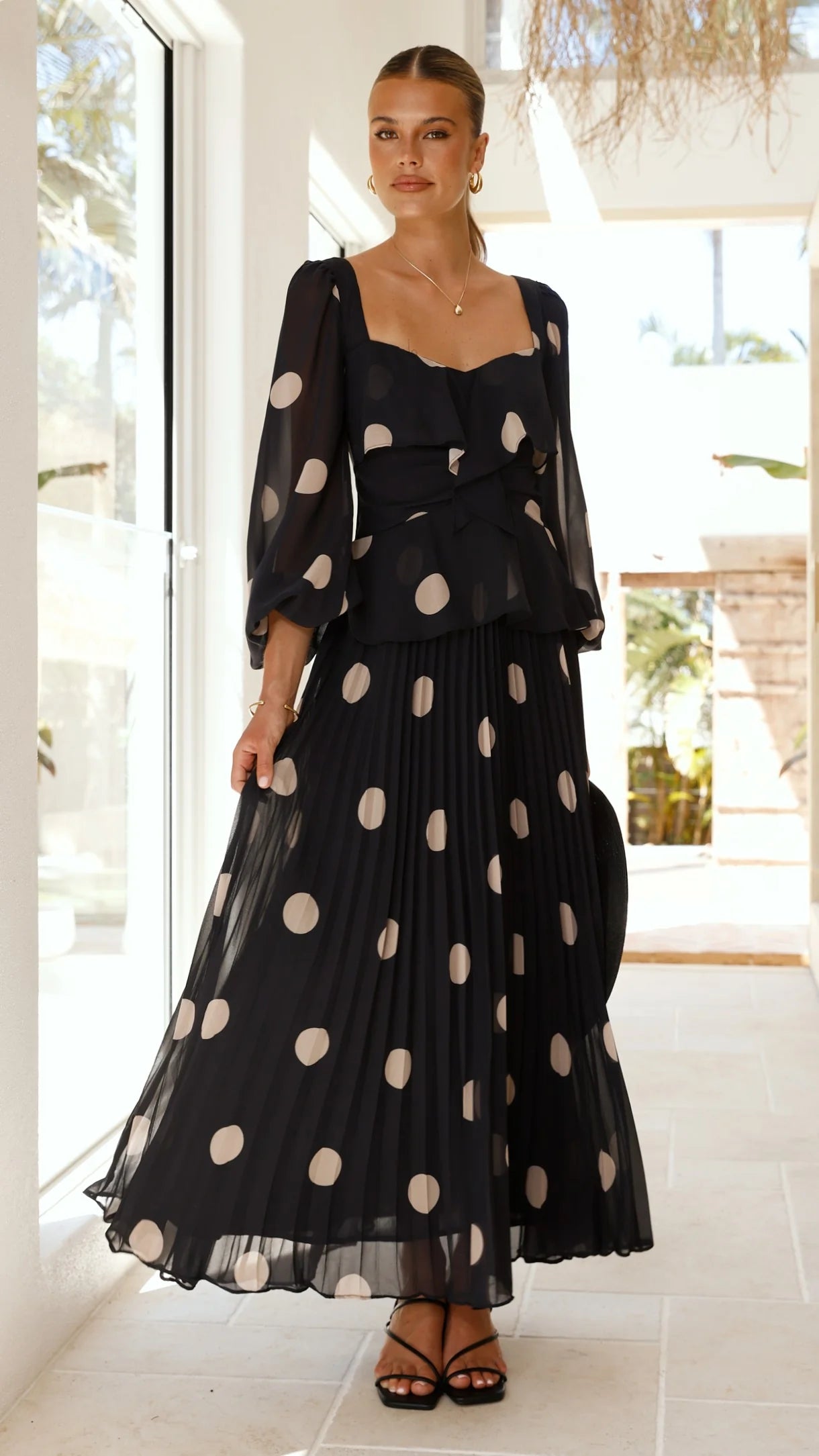 Calandra Long Sleeve Midi Dress - Black/Cream Polka