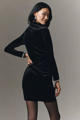 The Maya Ruched Cowl-Neck Shine Cuff Mesh Mini Dress