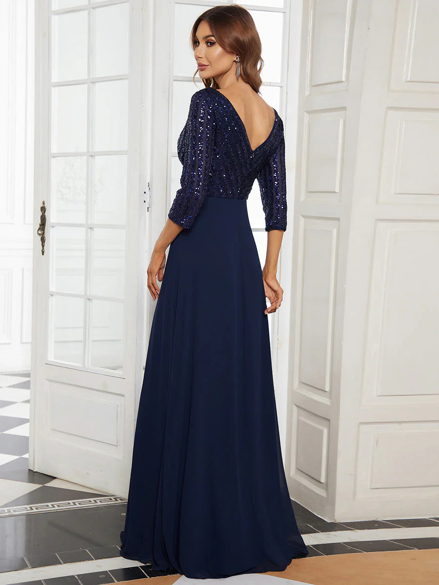 Sexy V Neck A-Line Sequin Wholesale Evening Dresses With 3/4 Sleeve