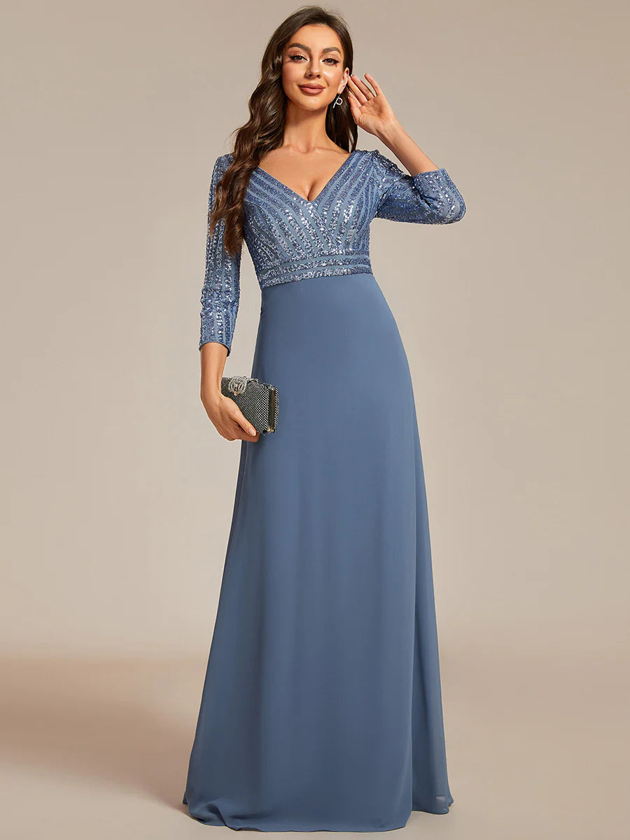 Sexy V Neck A-Line Sequin Wholesale Evening Dresses With 3/4 Sleeve
