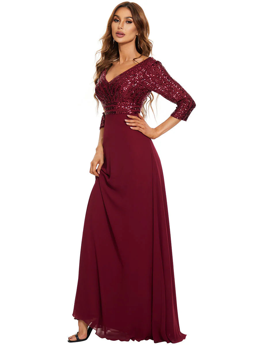 Sexy V Neck A-Line Sequin Wholesale Evening Dresses With 3/4 Sleeve