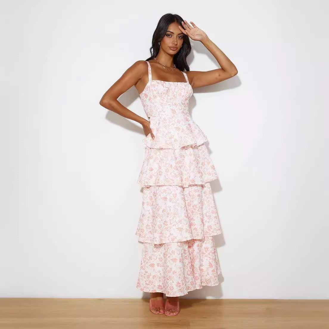 Lake Blue Printed Backless Maxi Dress – Elegant Vacation & Party Gown