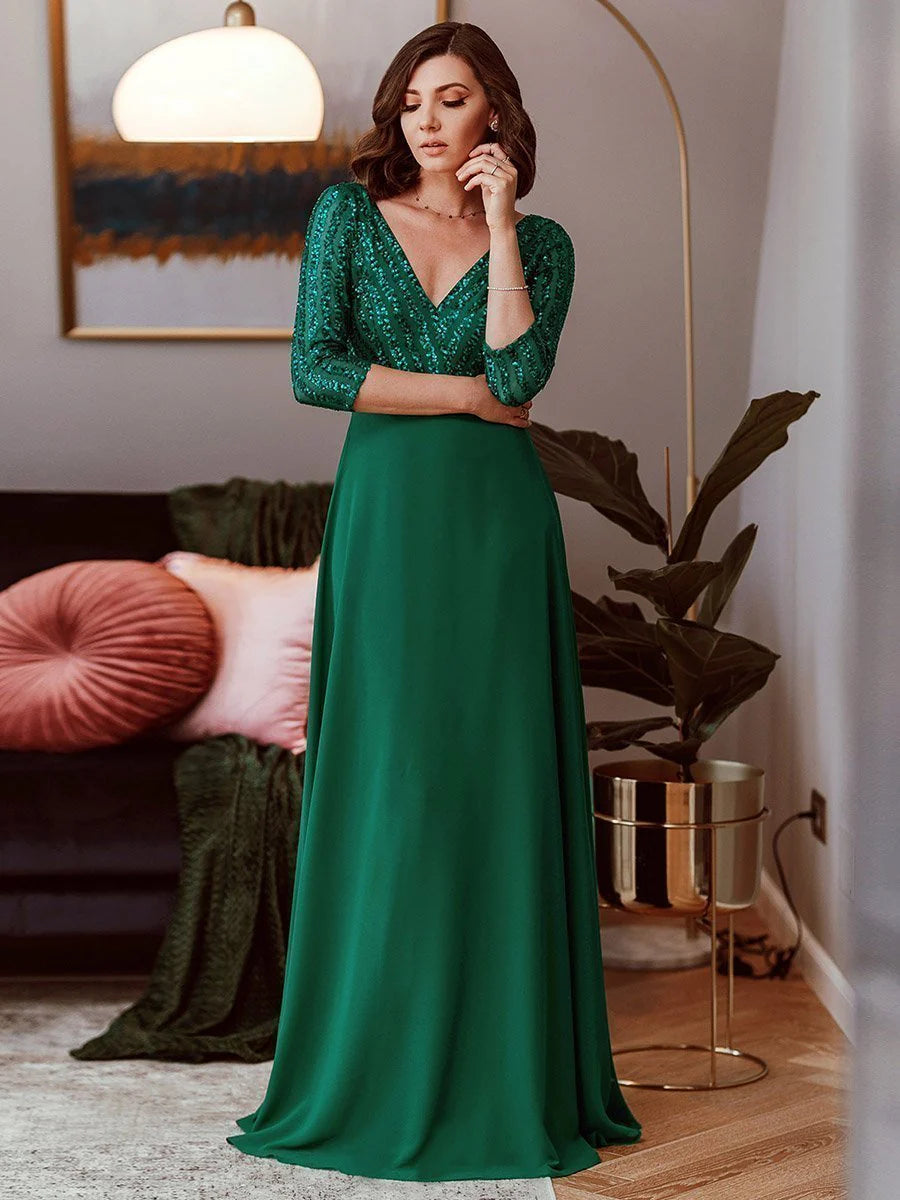 Sexy V Neck A-Line Sequin Wholesale Evening Dresses With 3/4 Sleeve