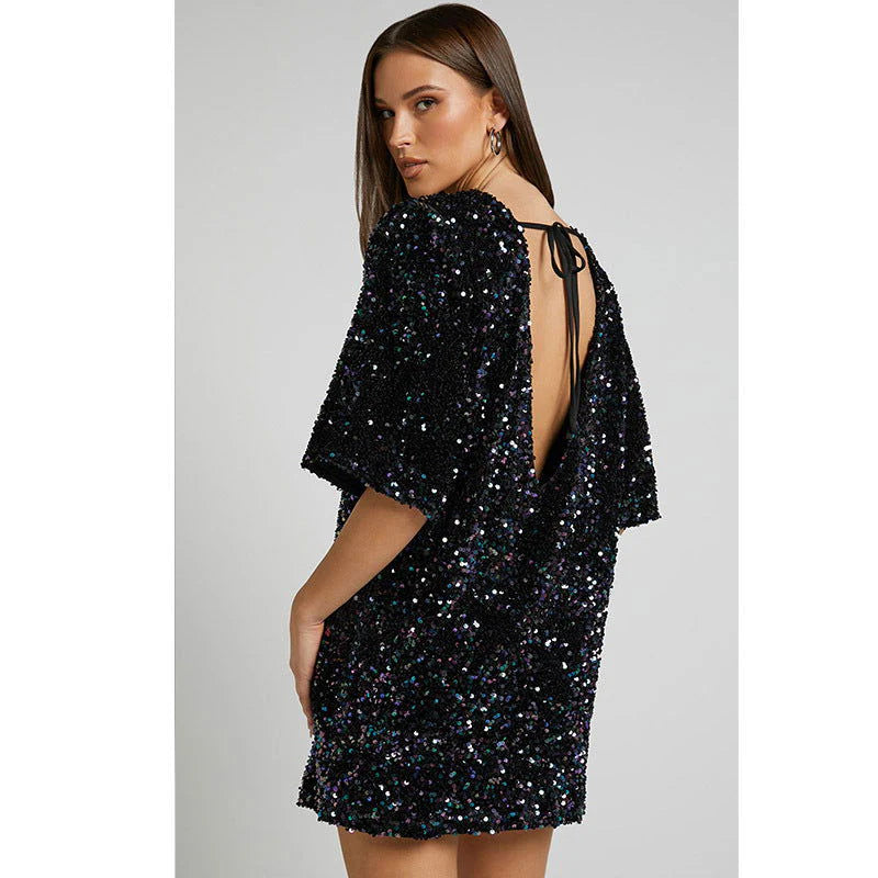 Velvet Sequin Elegant V neck Backless Short Sleeve Dress
