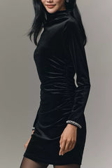 The Maya Ruched Cowl-Neck Shine Cuff Mesh Mini Dress