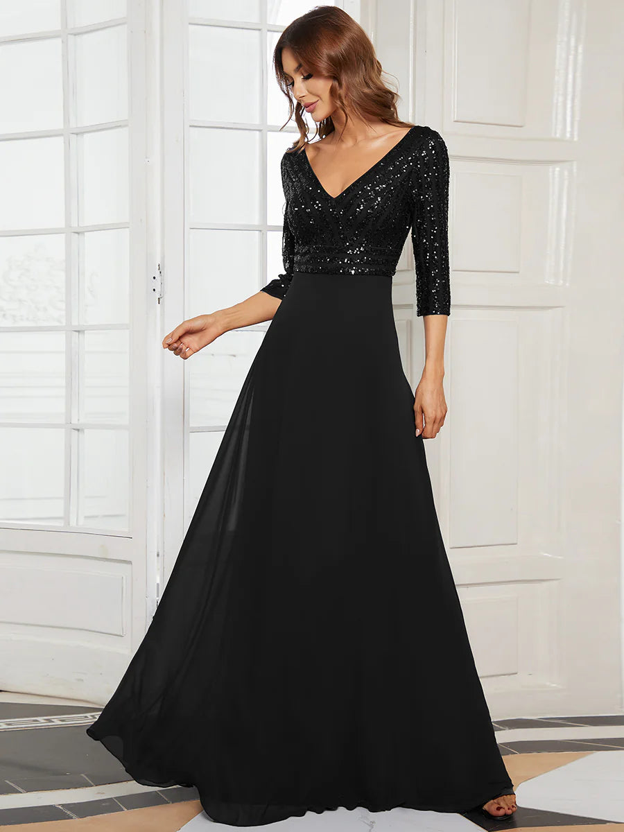 Sexy V Neck A-Line Sequin Wholesale Evening Dresses With 3/4 Sleeve