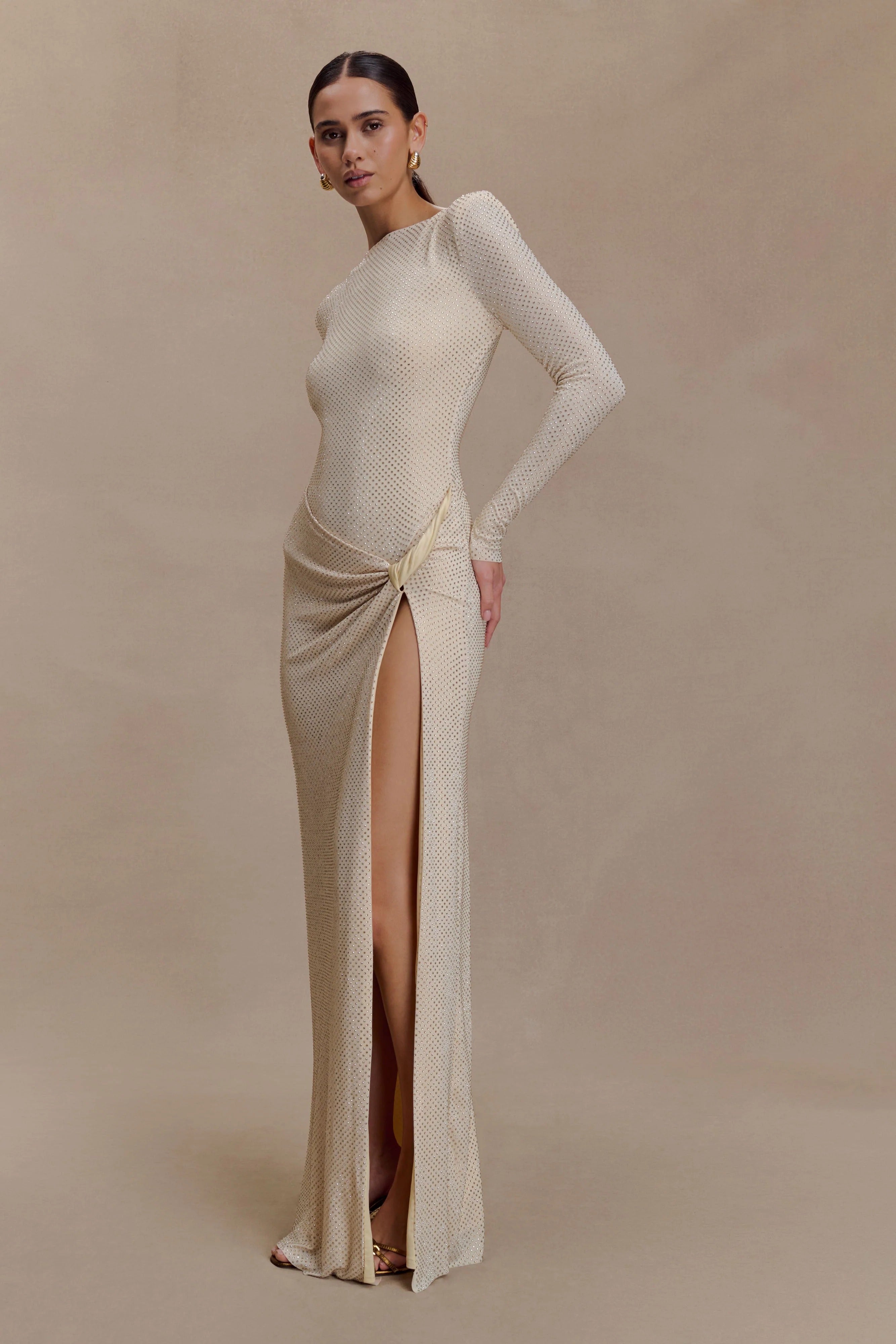Deanna Long Sleeve Diamante Maxi Dress - Gold