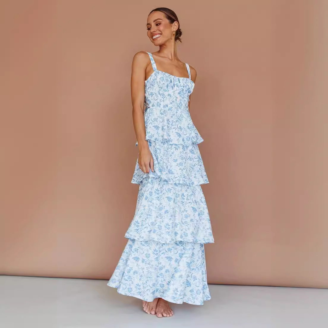 Lake Blue Printed Backless Maxi Dress – Elegant Vacation & Party Gown